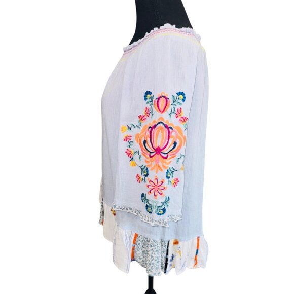 John Mark Boho Embroidered Peasant Top S Blue Off Shoulder Patchwork Ruffle Hem - Picture 5 of 8
